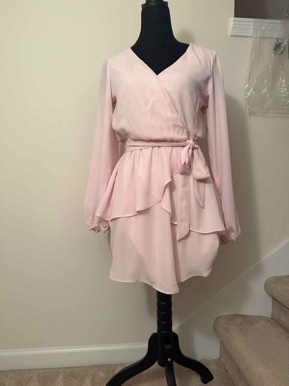 City Studio Soft Pink Long Sleeve Wrap Dress with Ruffle Hem